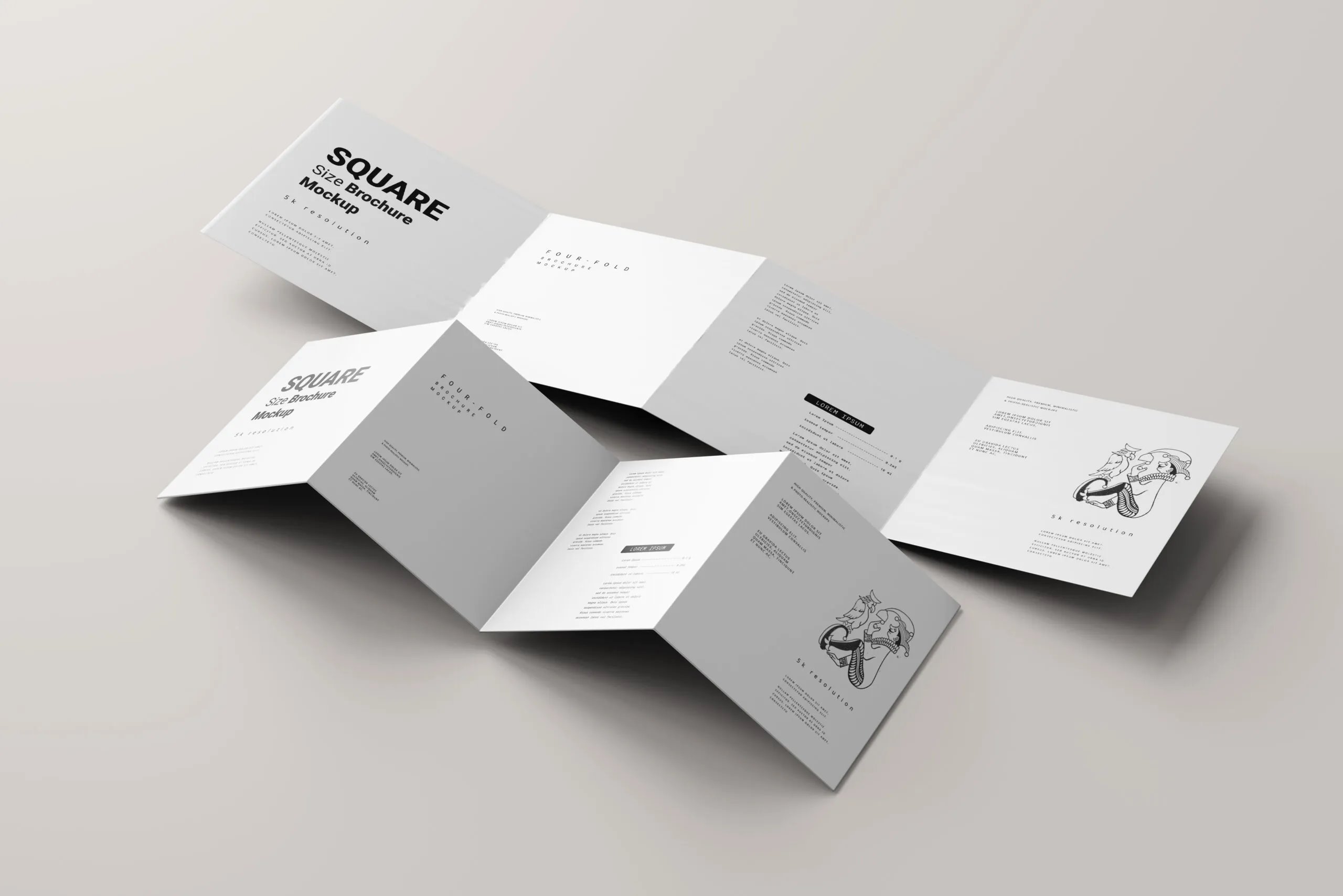 5 Mockups of 4 Fold Square Brochures in Varied Sights FREE PSD