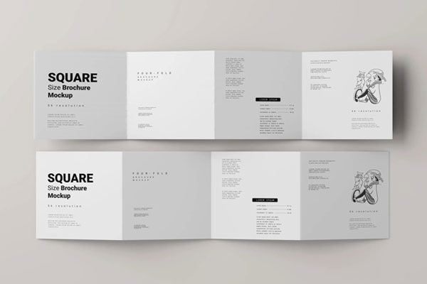 5 Mockups of 4 Fold Square Brochures in Varied Sights FREE PSD