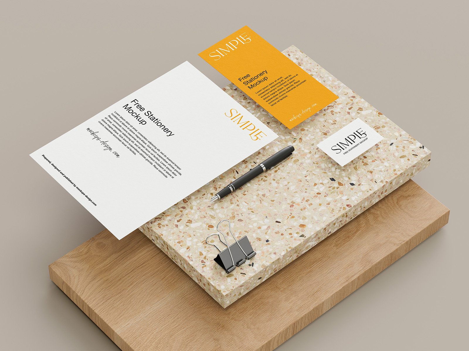 5 Stationery Mockups with Wood and Stone Tiles FREE PSD