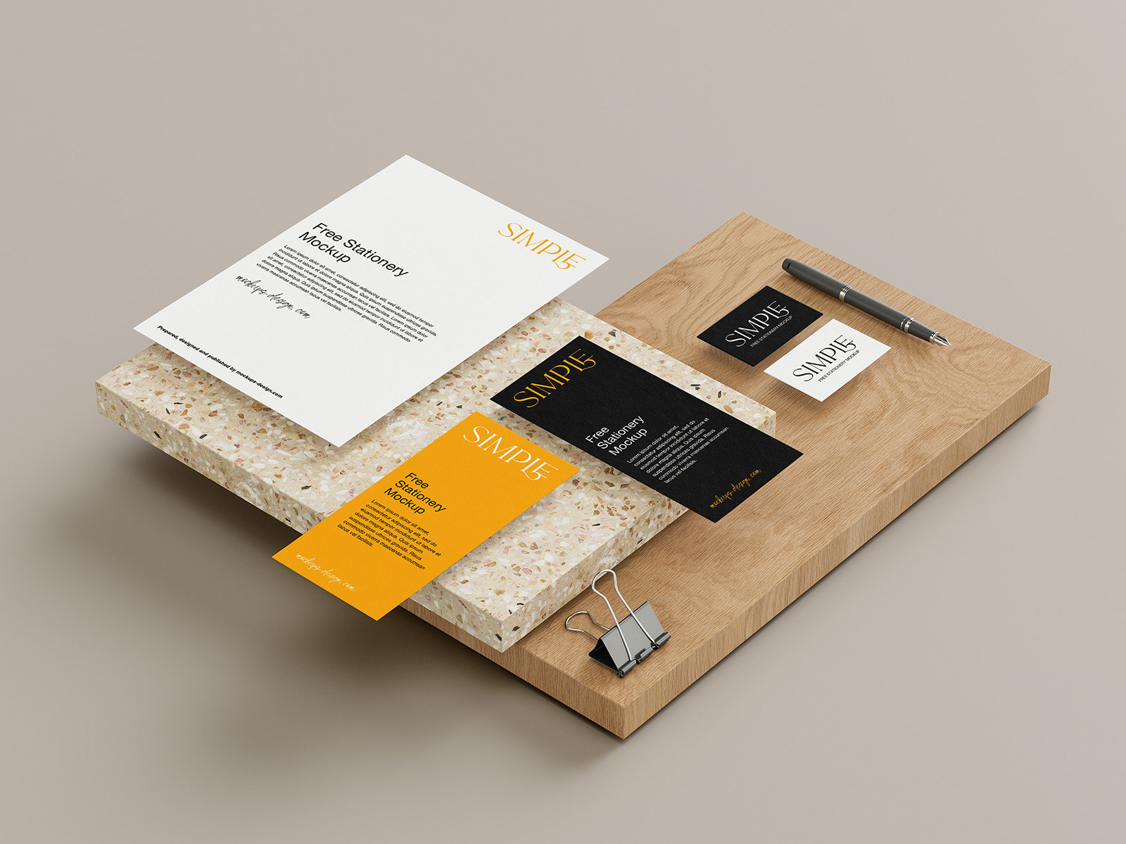 5 Stationery Mockups with Wood and Stone Tiles FREE PSD