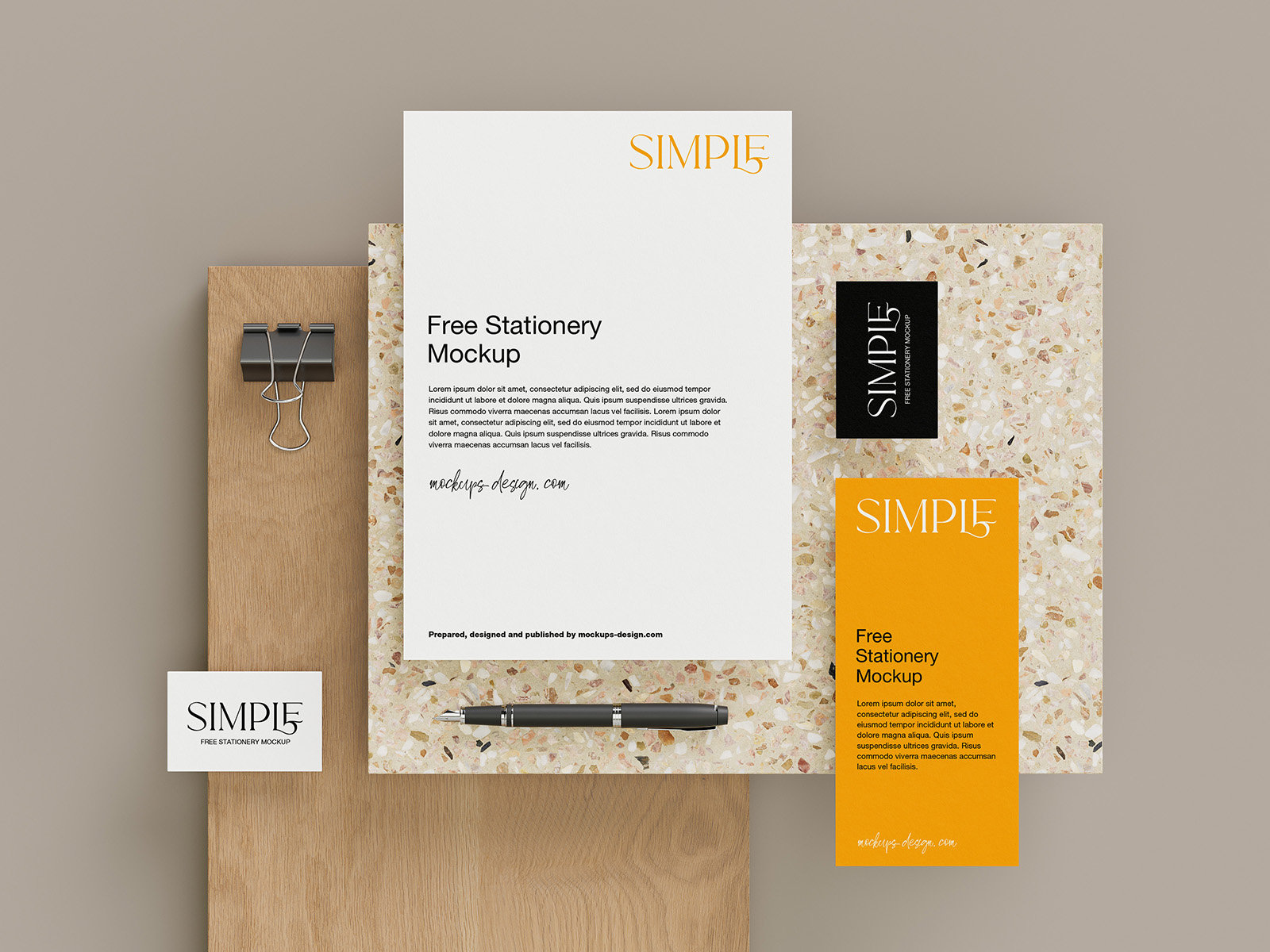 5 Stationery Mockups with Wood and Stone Tiles FREE PSD