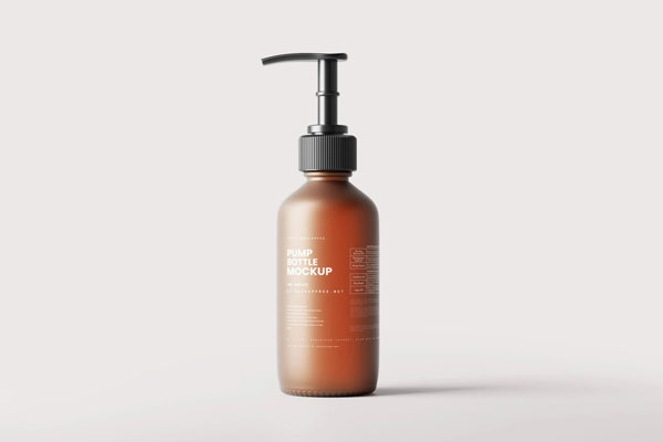 6 Mockups of Frosted Amber Glass Pump Bottle in Varied Sights FREE PSD