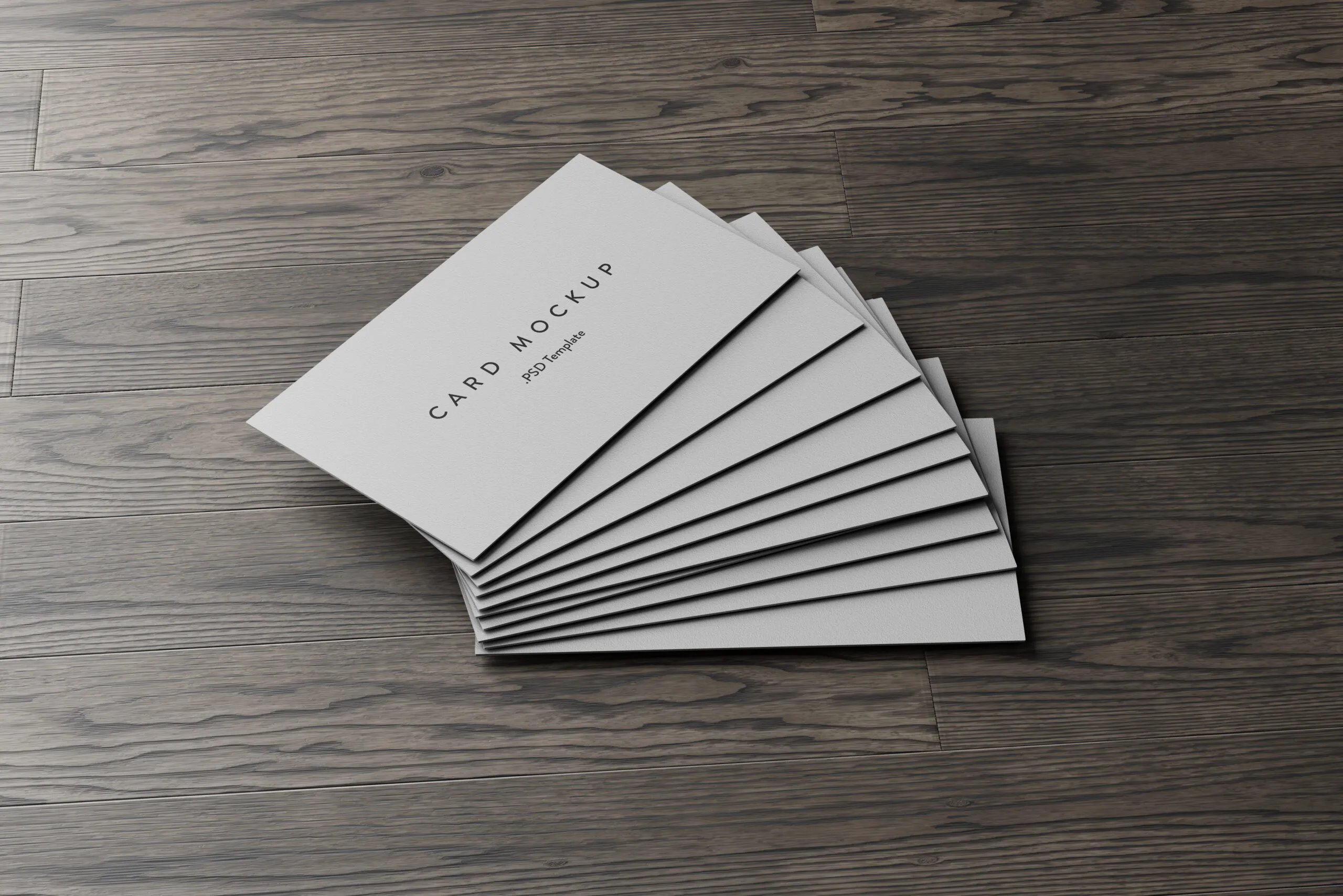7 Business Cards Mockups Stack on Wood Background FREE PSD