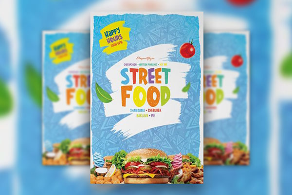 Blue, White, Paint Stroke, Modern Street Food Poster Template FREE PSD