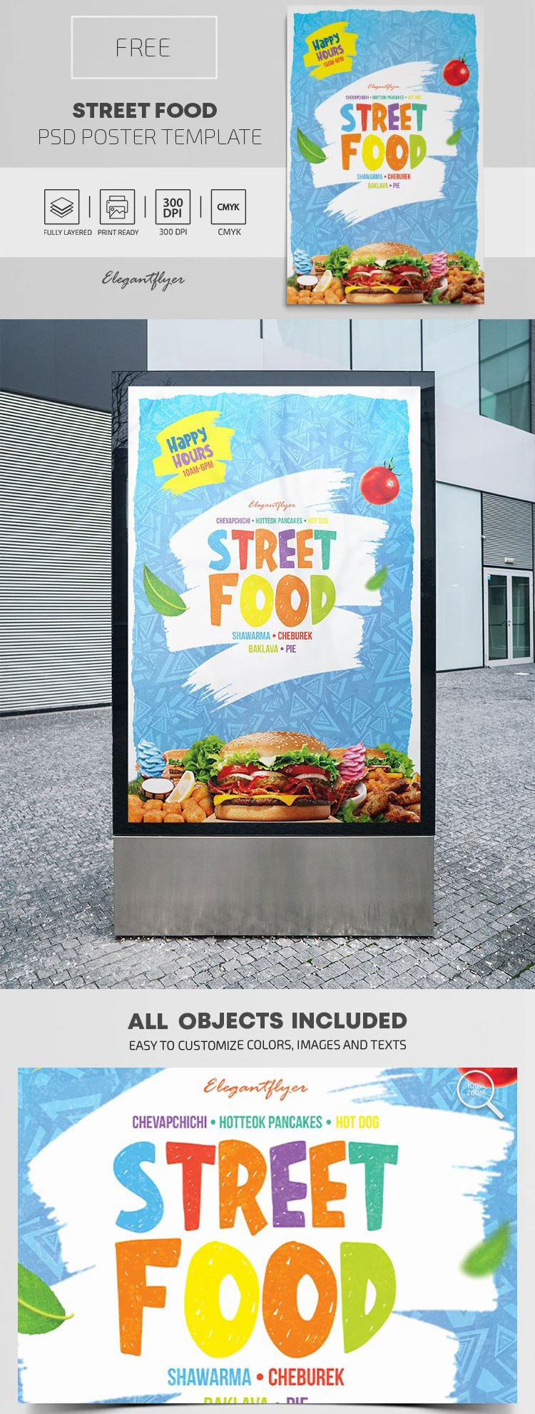 Blue, White, Paint Stroke, Modern Street Food Poster Template FREE PSD