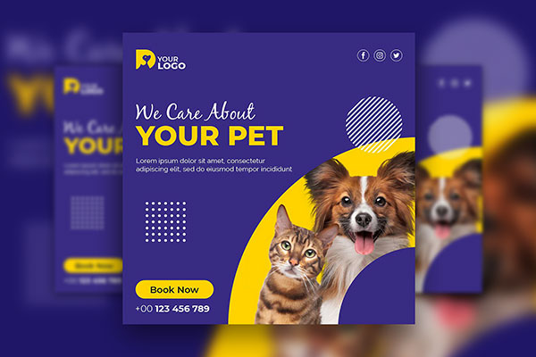 Cute Purple Pets Care Instagram Post Template FREE PSD