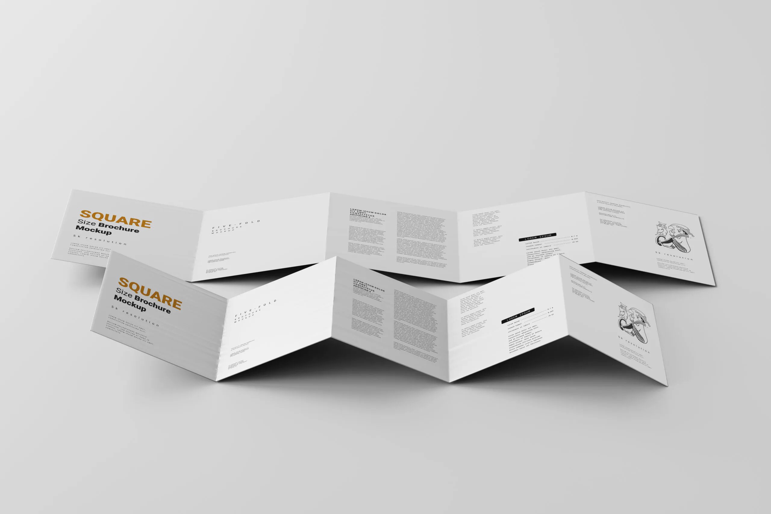 Different Views of 5 Five-Fold Square Brochures Mockups FREE PSD