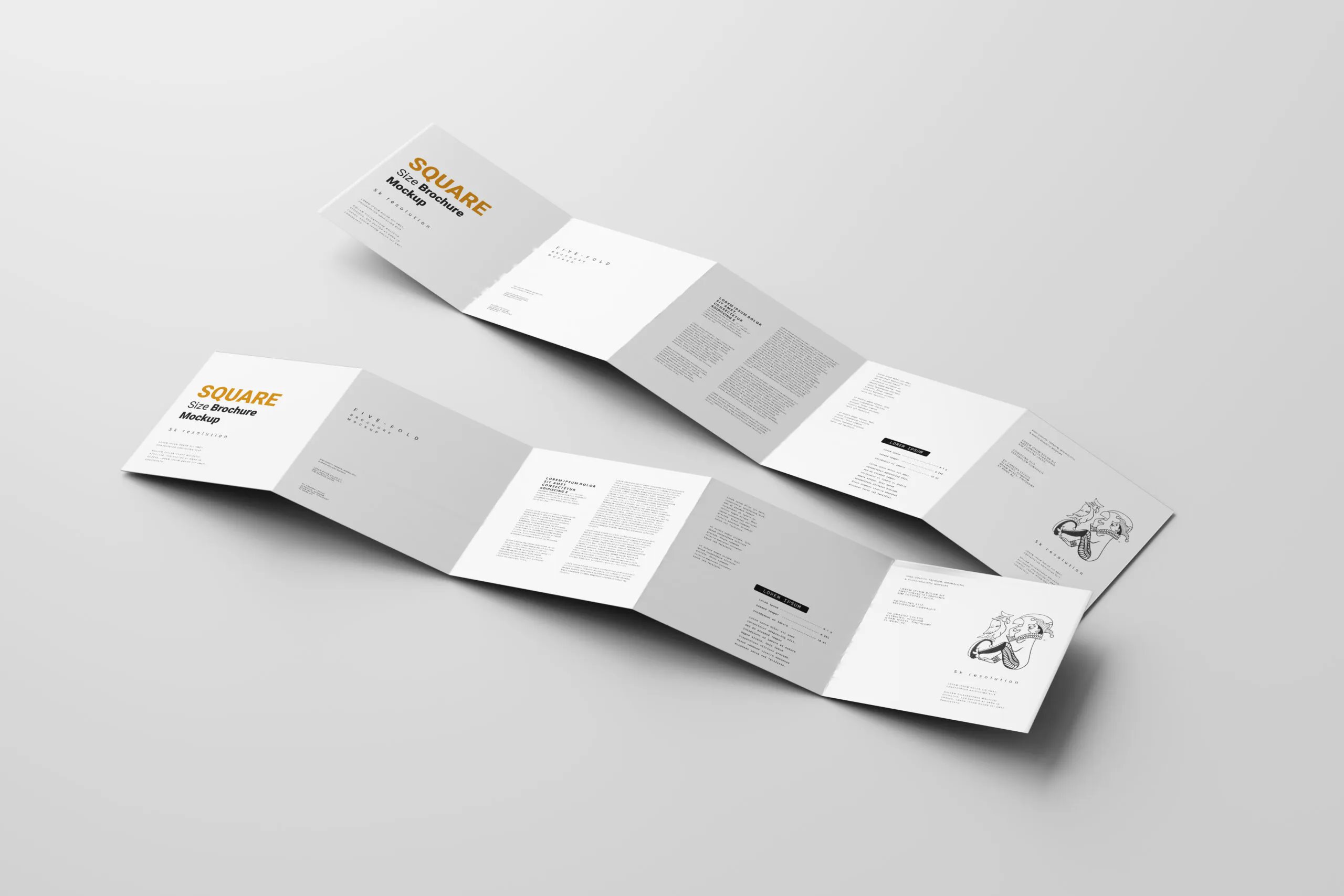 Different Views of 5 Five-Fold Square Brochures Mockups FREE PSD
