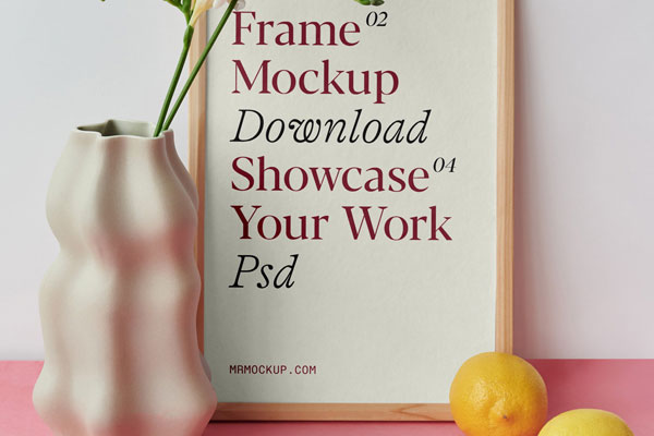 Frame Mockup with Vase and Lemons in Front View FREE PSD