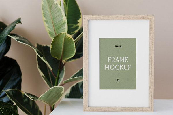 Front Sight of Wood Frame Mockup with Plant FREE PSD