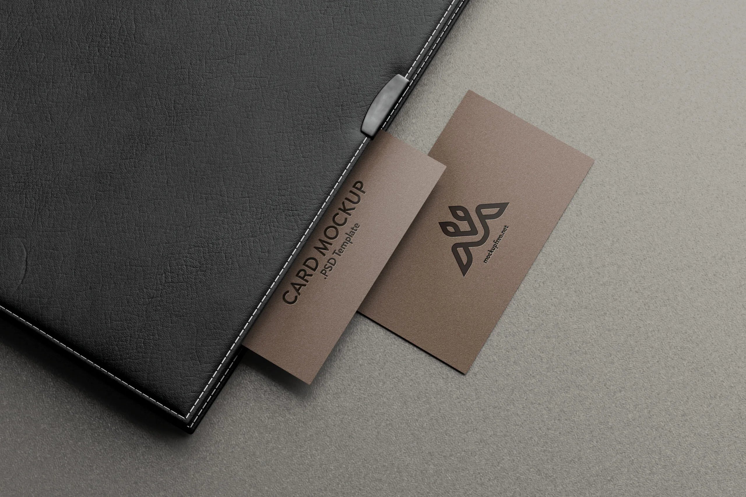 Perspective View of 5 Business Cards Mockups with Leather Cover Book FREE PSD
