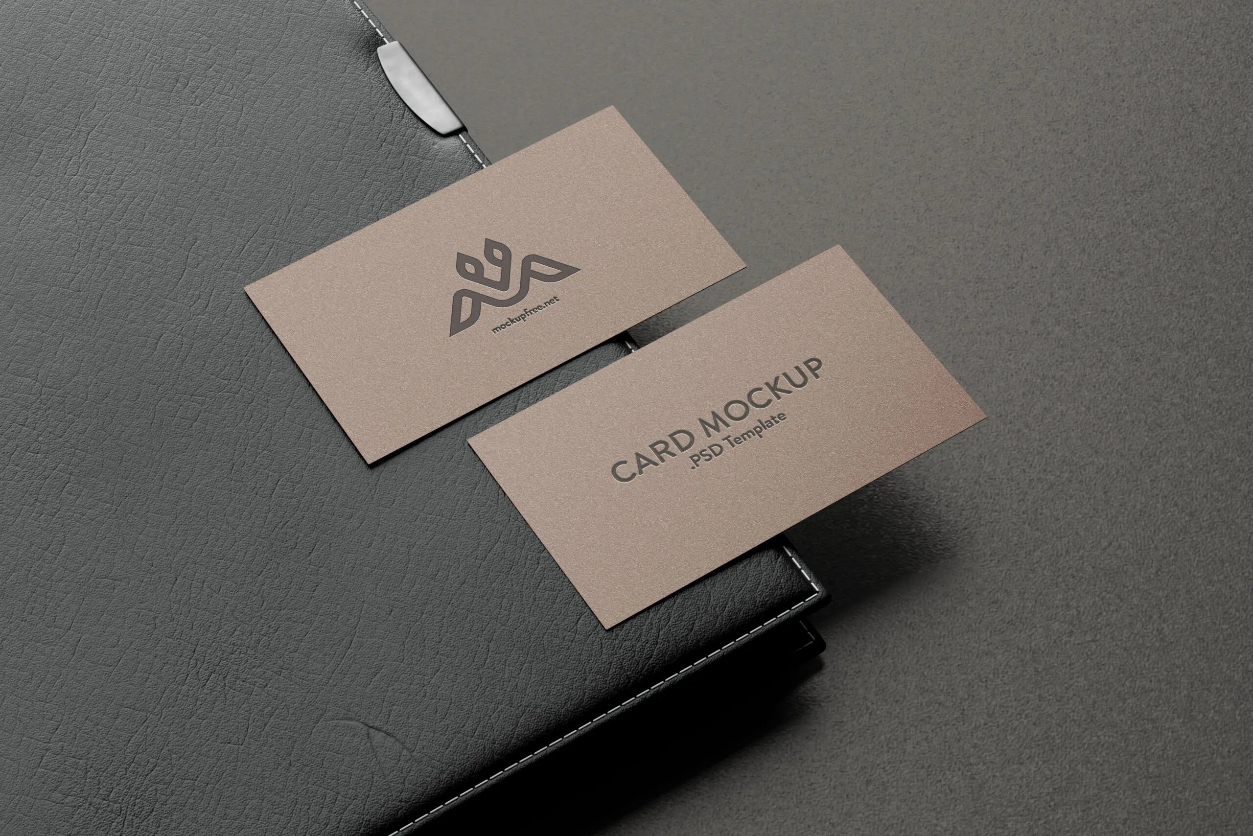 Perspective View of 5 Business Cards Mockups with Leather Cover Book FREE PSD