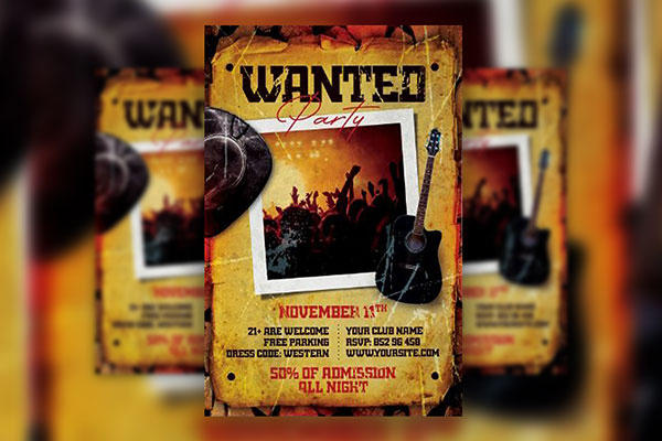 Western Wanted Party Flyer Template FREE PSD