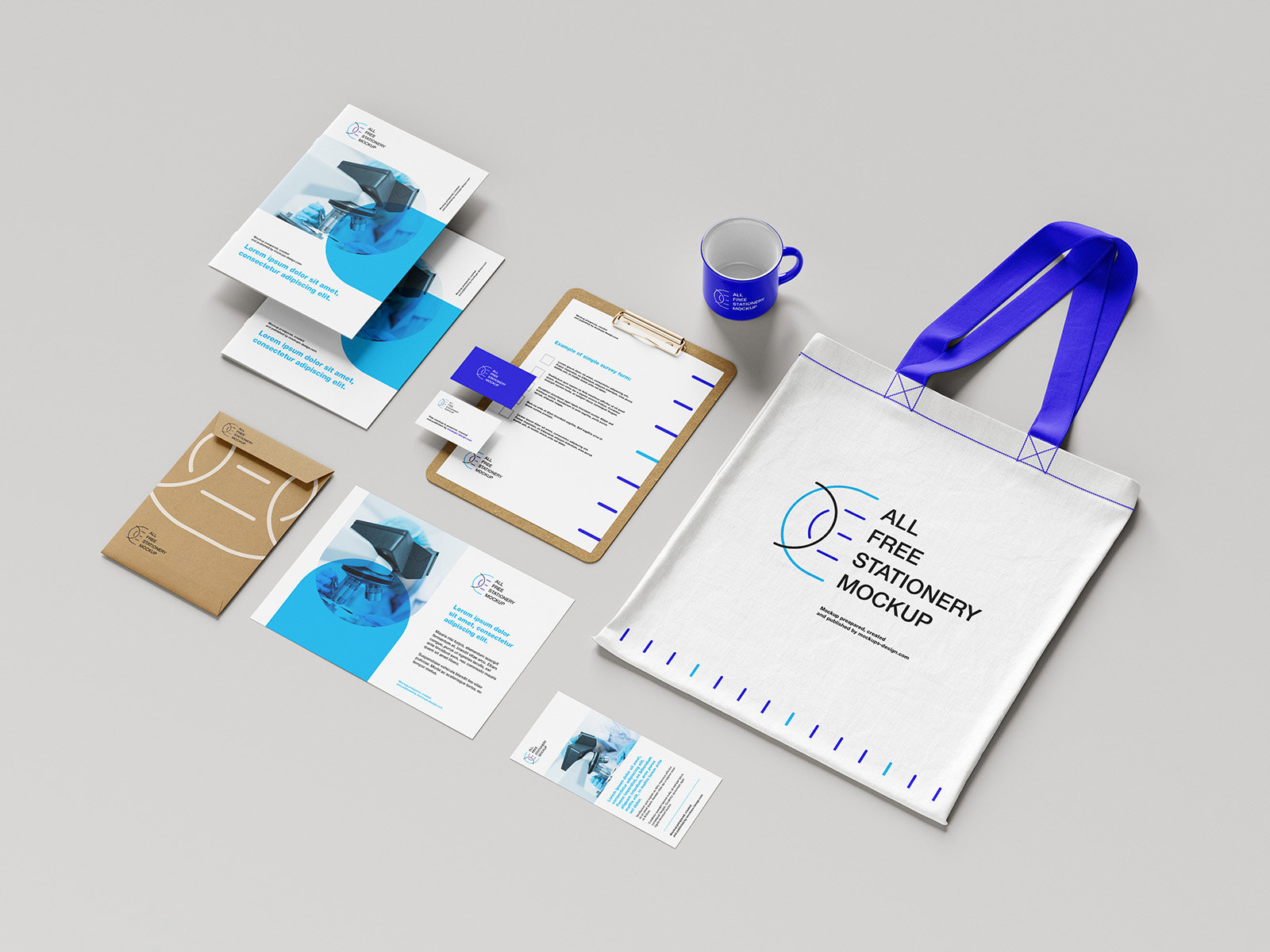 5 Stationery Mockups with Varied Items FREE PSD