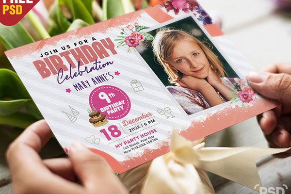 Perspective Sight of Modern Birthday Invitation Card Mockup FREE PSD