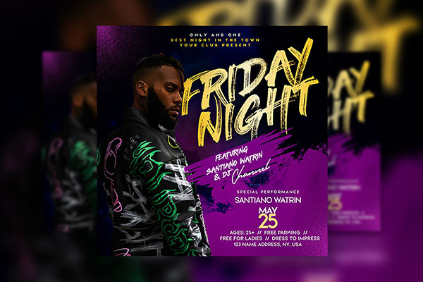 Purple and Gold Friday Night Club Flyer / Instagram Banner Template FREE PSD