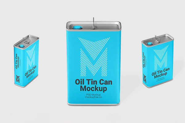 3 Oil Tin Can Mockups in Varied Sights FREE PSD