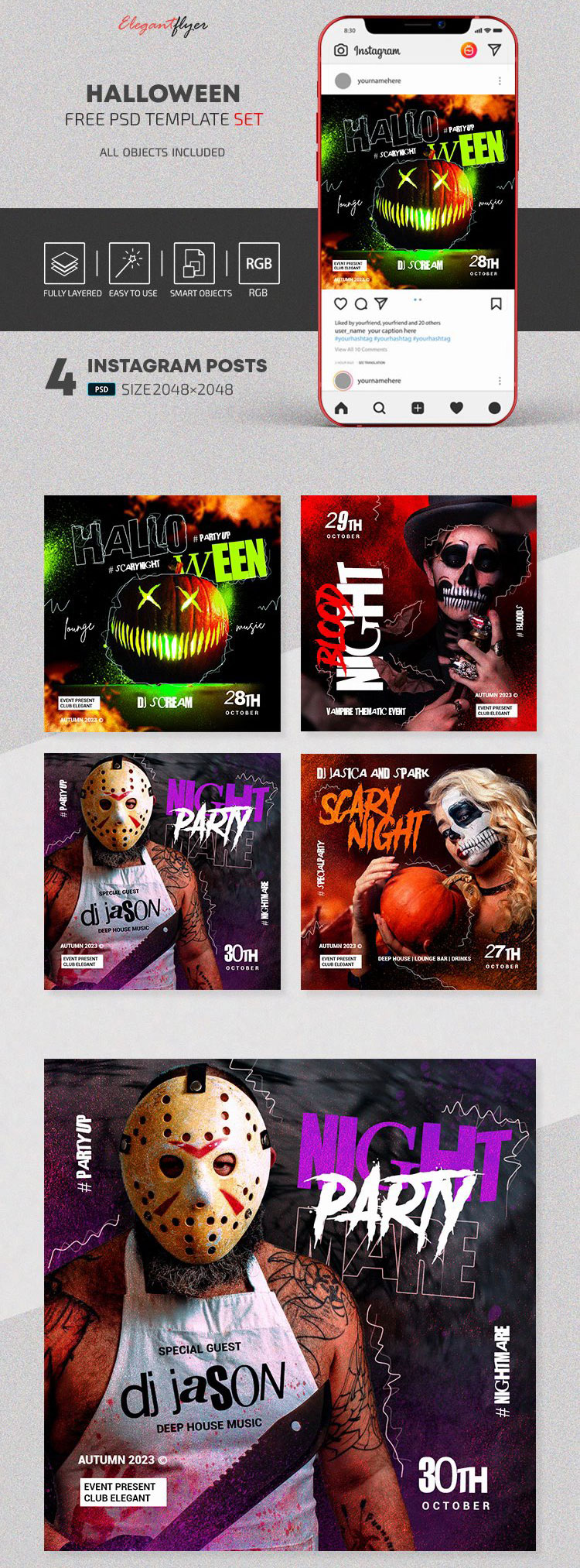 4 Eerie Halloween Party Flyer / Instagram Post Templates FREE PSD
