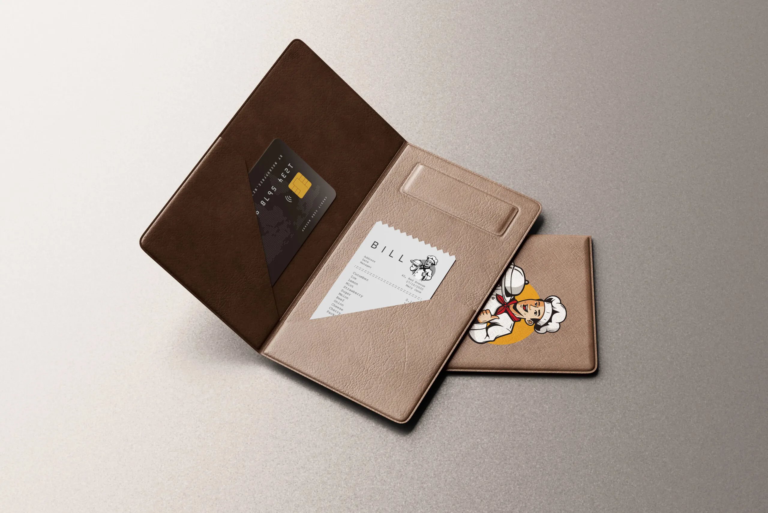 5 Restaurant Check Folder & Credit Card Mockups in Varied Shots FREE PSD