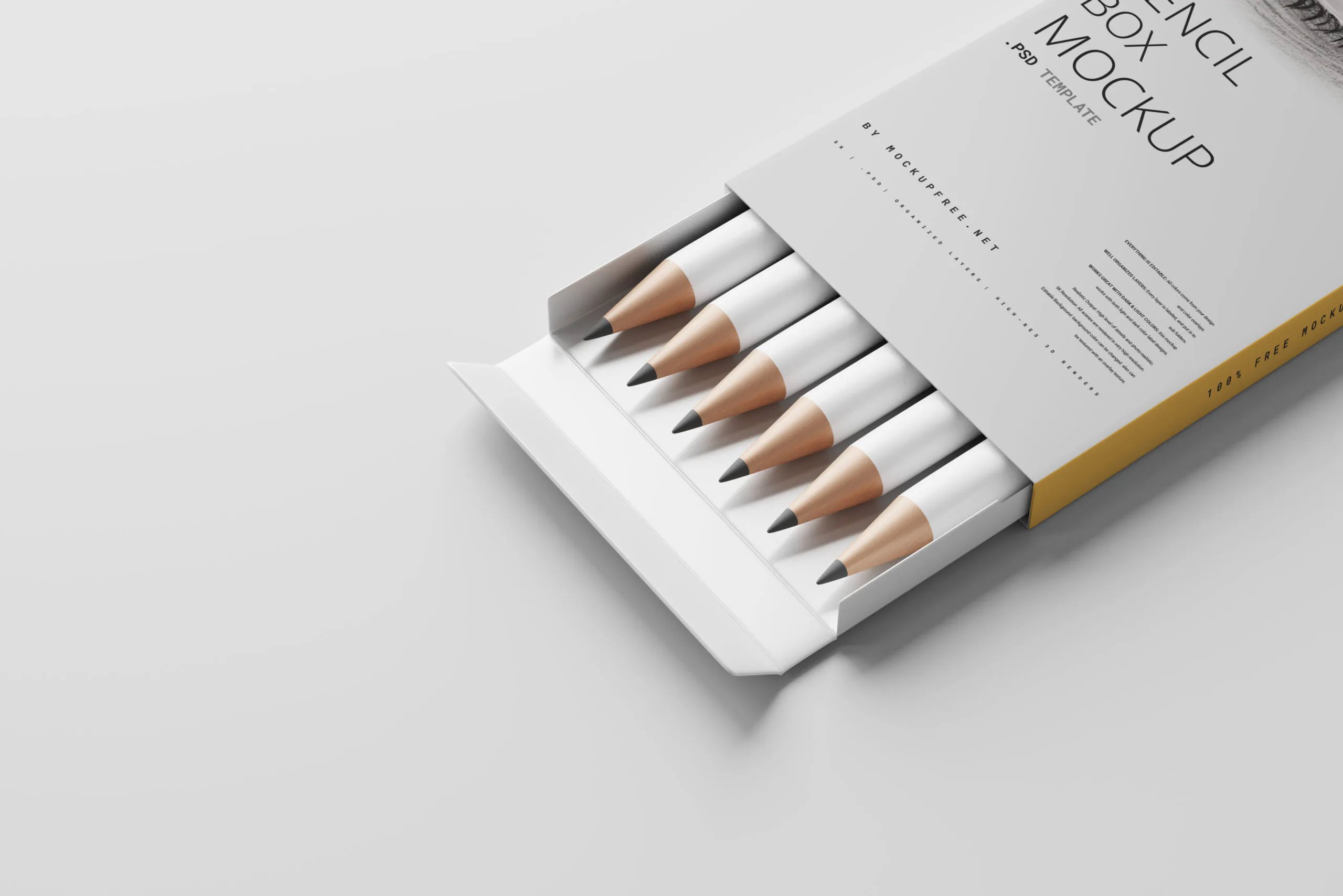 6 Pencil Box Mockups with Pencils in Varied Sides FREE PSD