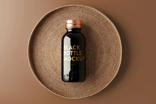 6 Small Black Glass Bottle Mockups in Varied Visions FREE PSD