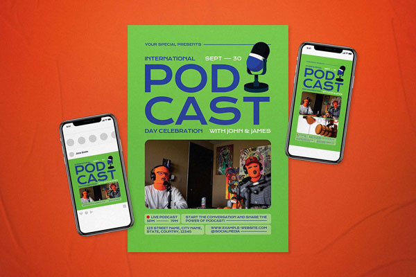 Orange International Podcast Day Flyer Template FREE PSD