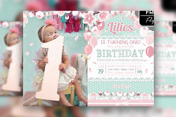 Sweet Floral Birthday Party Invitation Flyer Template FREE PSD