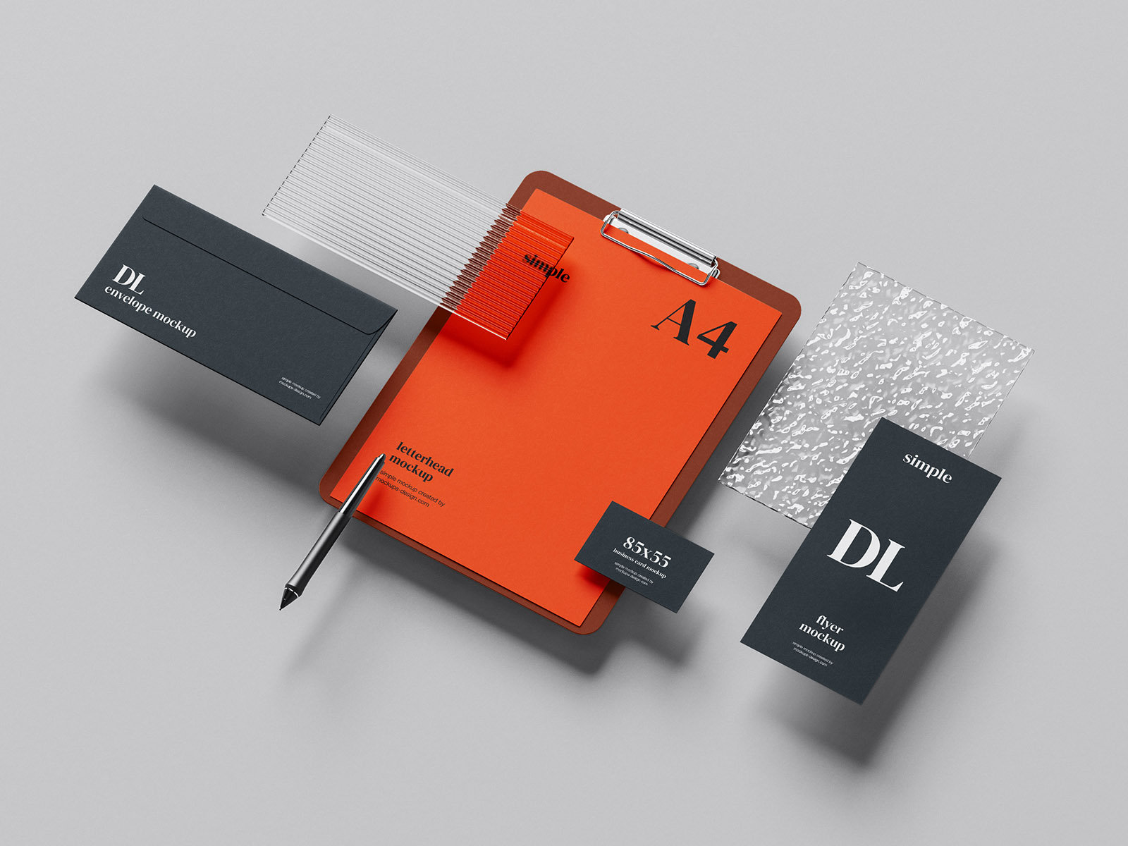 Top and Perspective View of 5 Branding Stationery Mockups FREE PSD