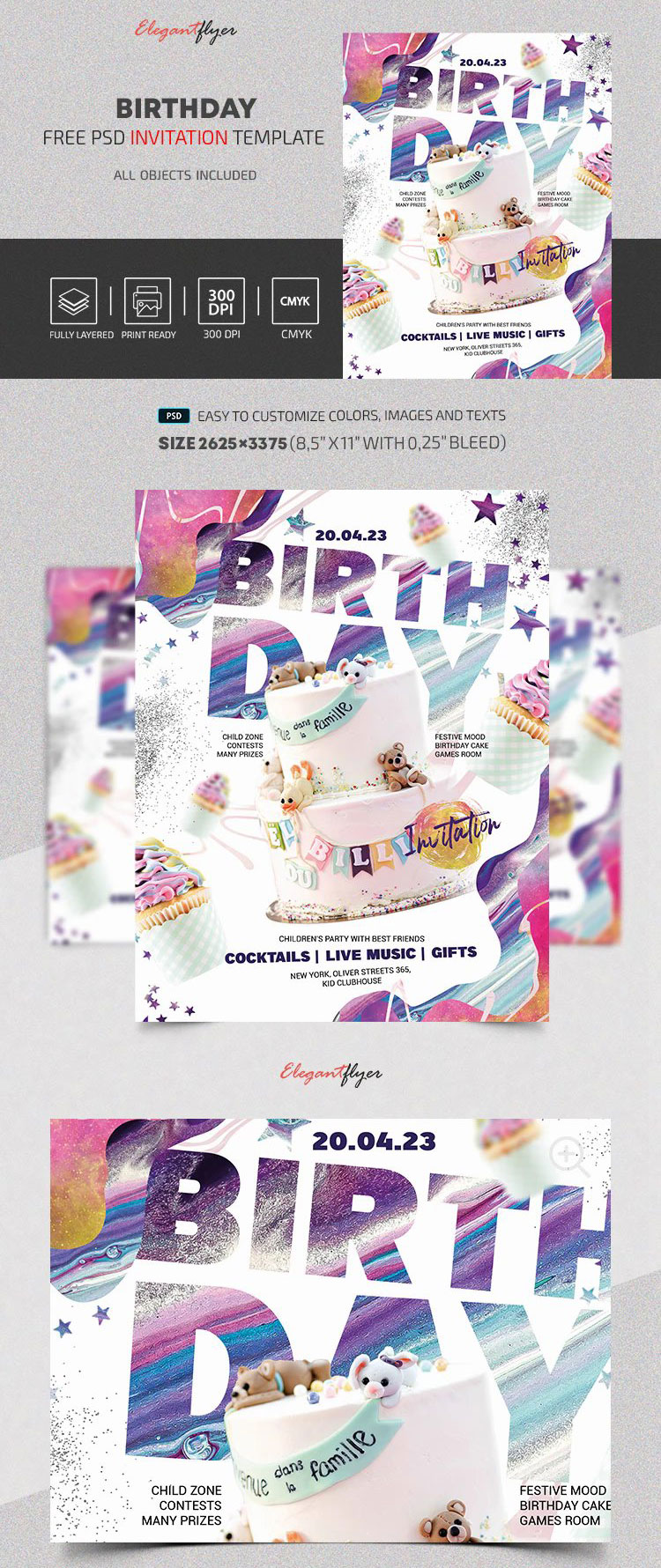 Colorful Glitter Birthday Invitation Template FREE PSD