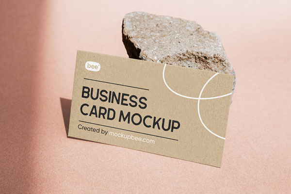Perspective Sight of Business Card Mockup Leaning on Stone FREE PSD