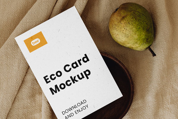 Top Sight of Eco Business Card Mockup with Pear FREE PSD