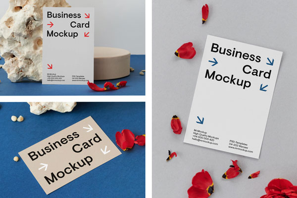 3 Business Card Mockups on Table with Flowers FREE PSD