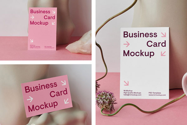 3 Business Card Mockups with Unique Vase in Front Sight FREE PSD
