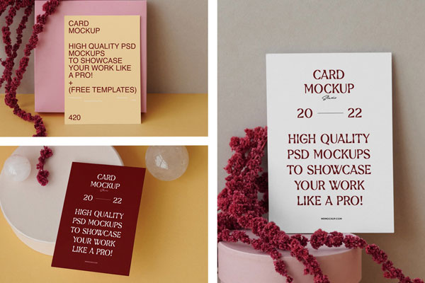 3 Cards Mockup with Decorations in Varied Views FREE PSD