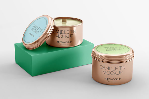 Facing View of 2 Round Tin Candle Jars Mockup FREE PSD