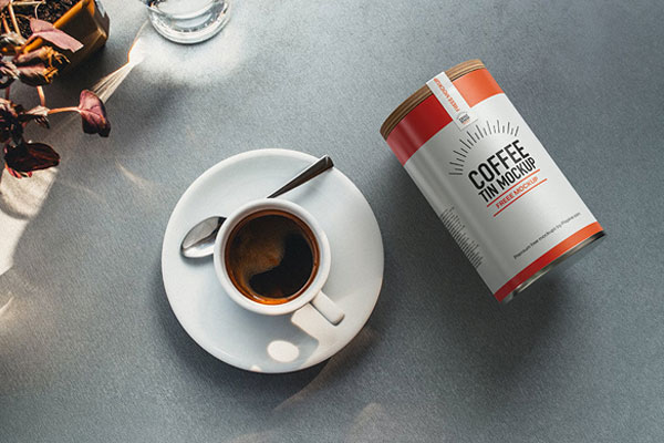 Top Scene of Coffee Tin Can Mockup with Cup FREE PSD