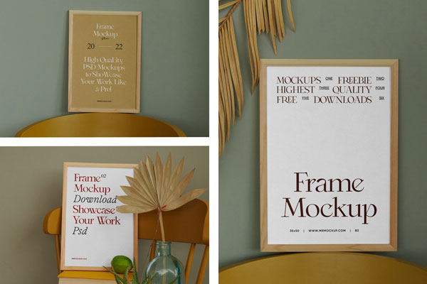 3 Different Shots of Wood Frame Mockup on Chair FREE PSD