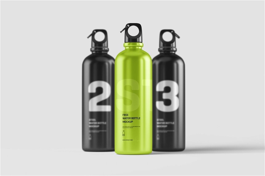 3 Shots of Aluminum Water Bottle Mockup FREE PSD