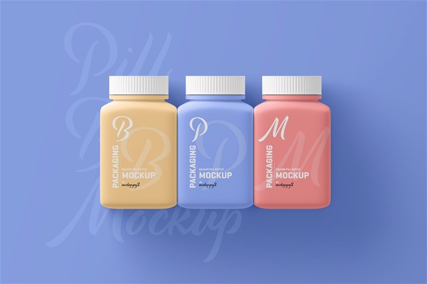 3 Varied Sights of Square Pill Bottle Mockup FREE PSD