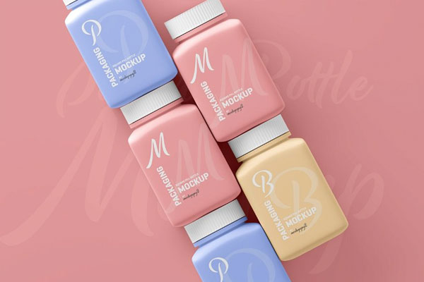 3 Varied Sights of Square Pill Bottle Mockup FREE PSD