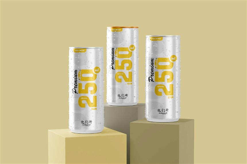 3 Views of 250ml Soda Can Mockup FREE PSD