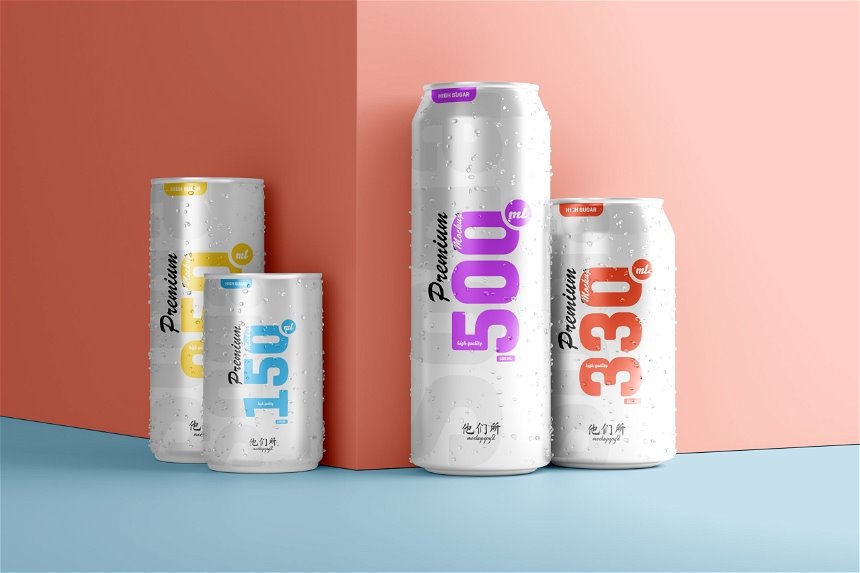 4 Visions of Multisize Beer Soda Can Mockup FREE PSD