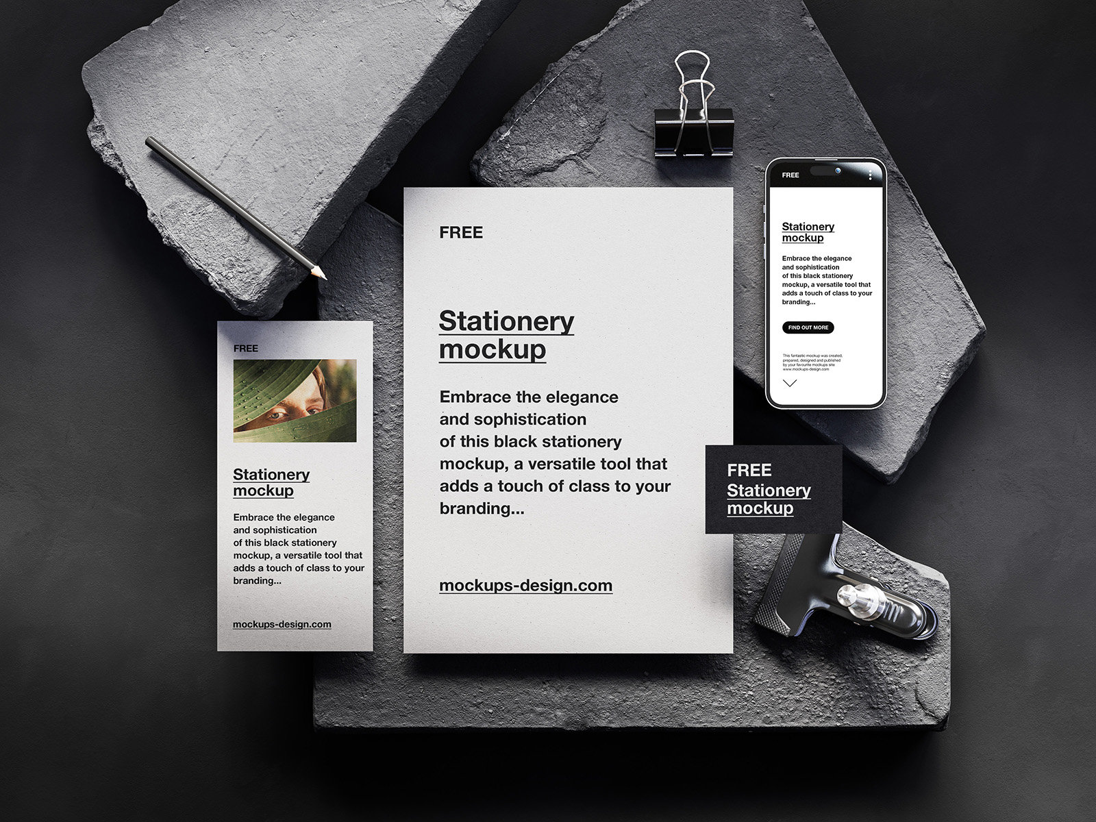 6 Varied Visions of Stationery Mockup with Stones FREE PSD