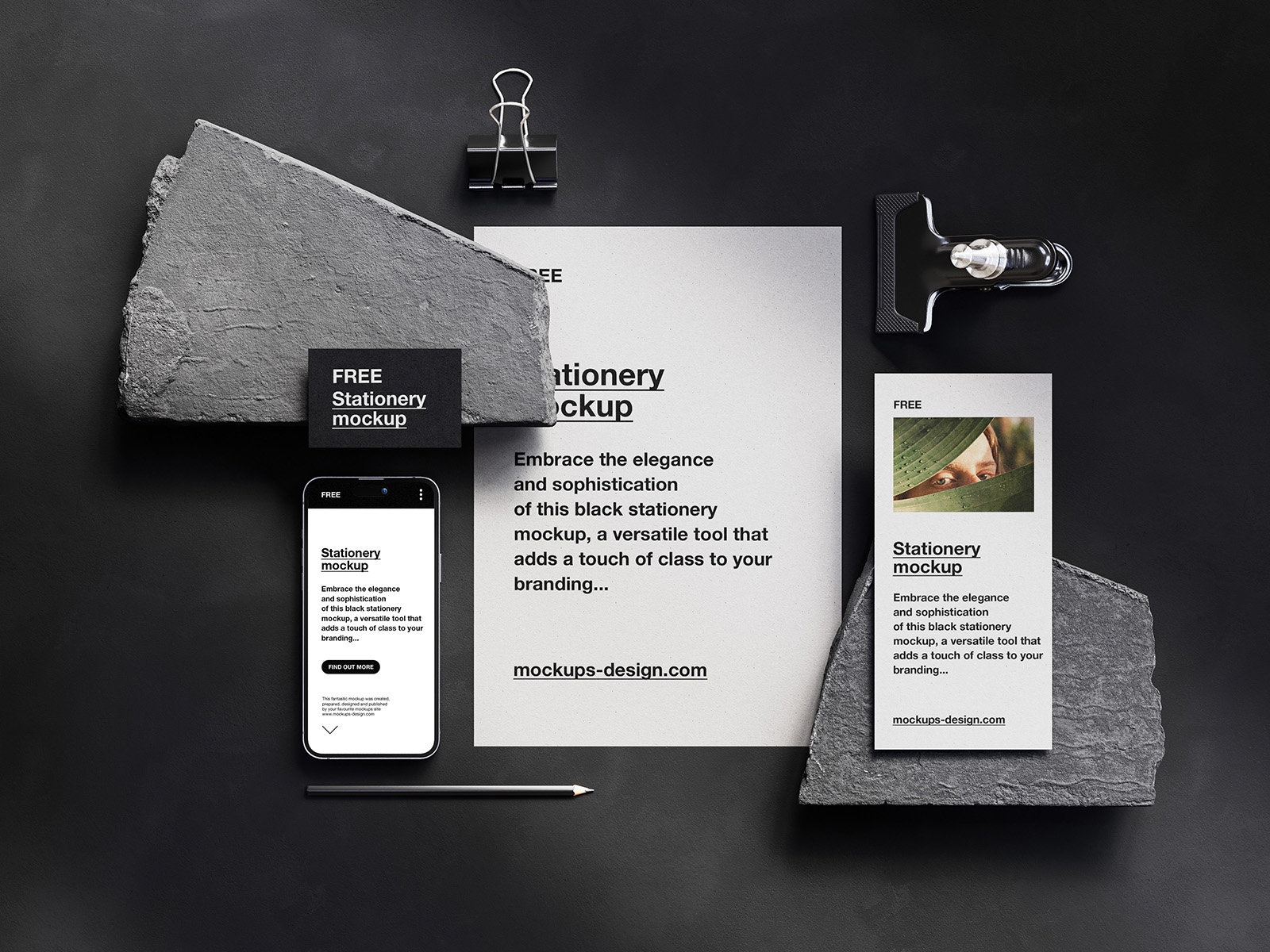 6 Varied Visions of Stationery Mockup with Stones FREE PSD