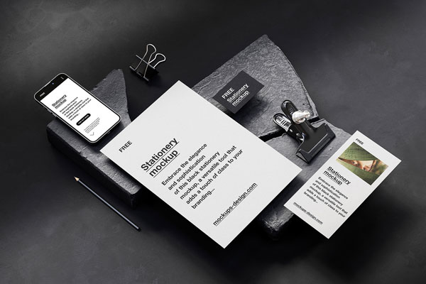 6 Varied Visions of Stationery Mockup with Stones FREE PSD