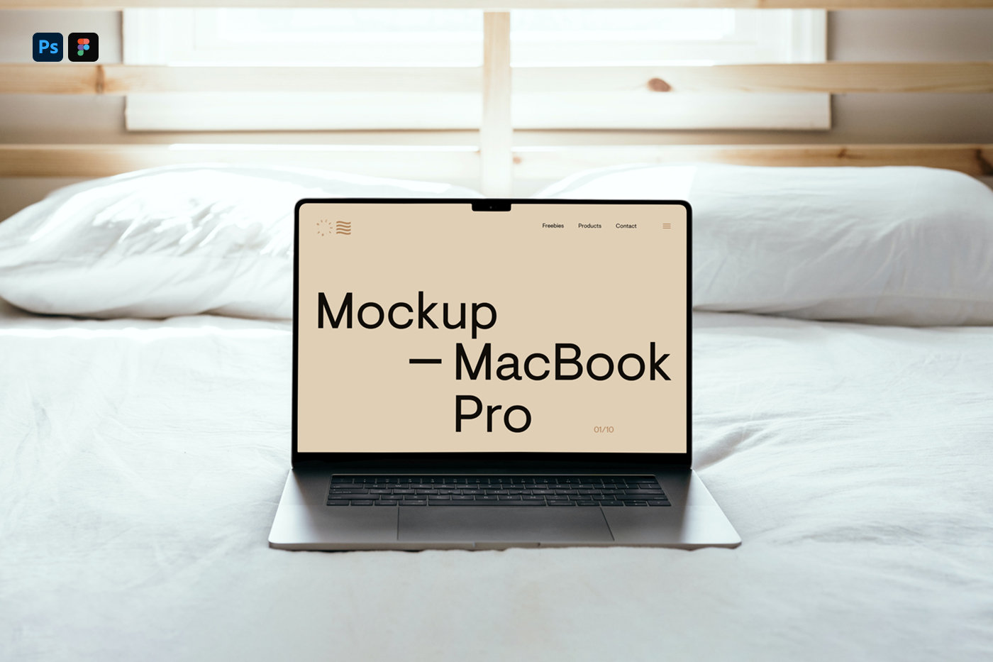 Front Sight of Macbook Pro Mockup on Bed FREE PSD