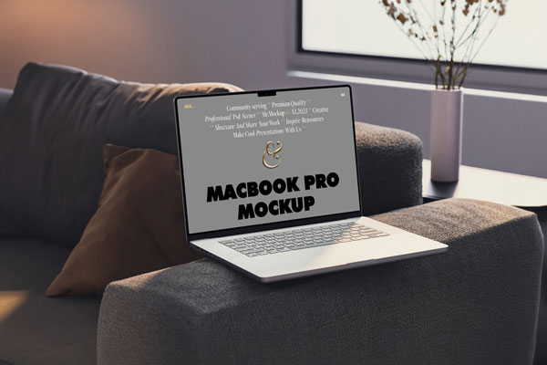 Perspective View of MacBook Pro Mockup on Couch FREE PSD