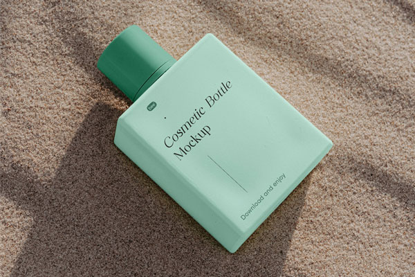 Square Bottle Mockup on Beach in Perspective View FREE PSD
