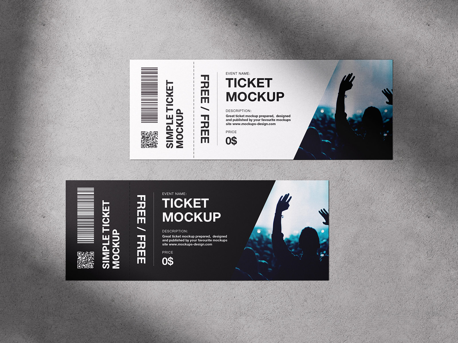 3 Shots of Tickets Mockup on Concrete Background FREE PSD
