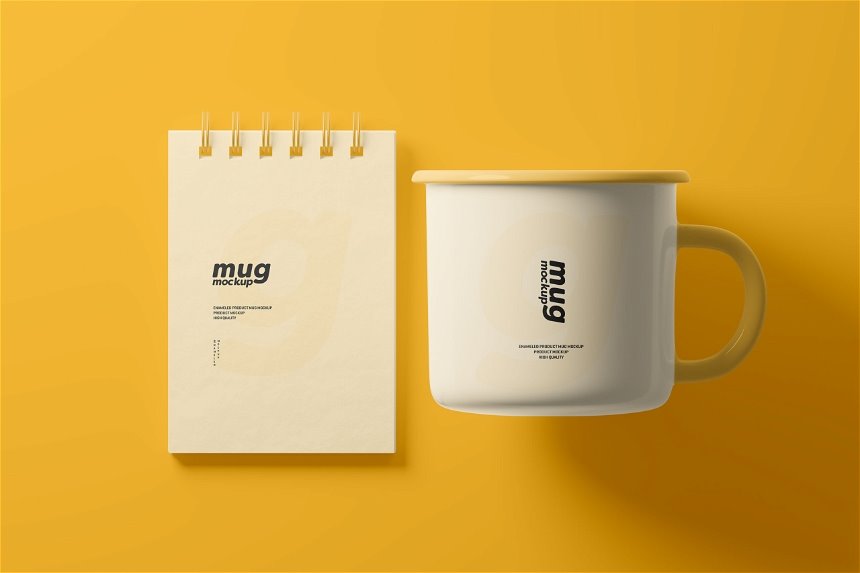 4 Sights of Enamel Mug Mockup with Notebook FREE PSD